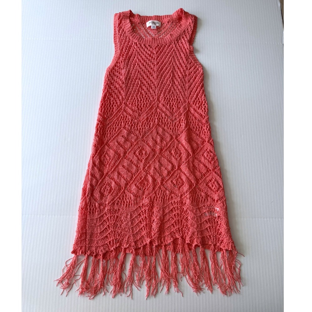 Allison New York Coral Pink Crochet Fringe Mini Dress Womens Small Boho Tunic